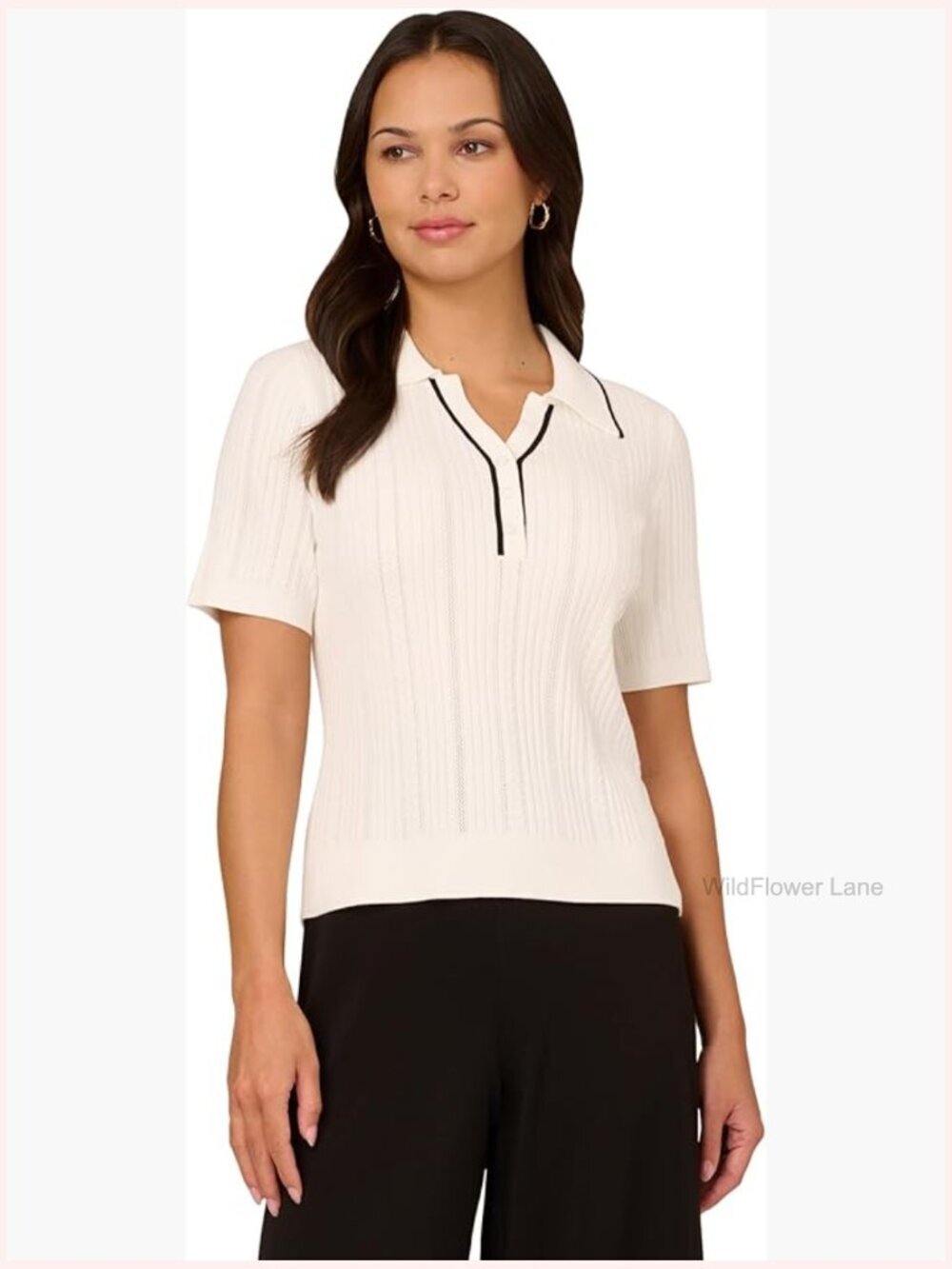 Open V-Neck Polo Mix Rib Cable Sweater Short Sleeve